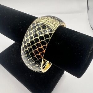 Black Enamel Snakeskin‎ Cuff Bracelet – Gold Tone Hinged with Rhinestones